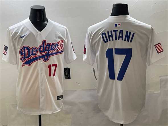 Mens Los Angeles Dodgers #17 Shohei Ohtani White With American Flag Patch Limited Stitched Jersey